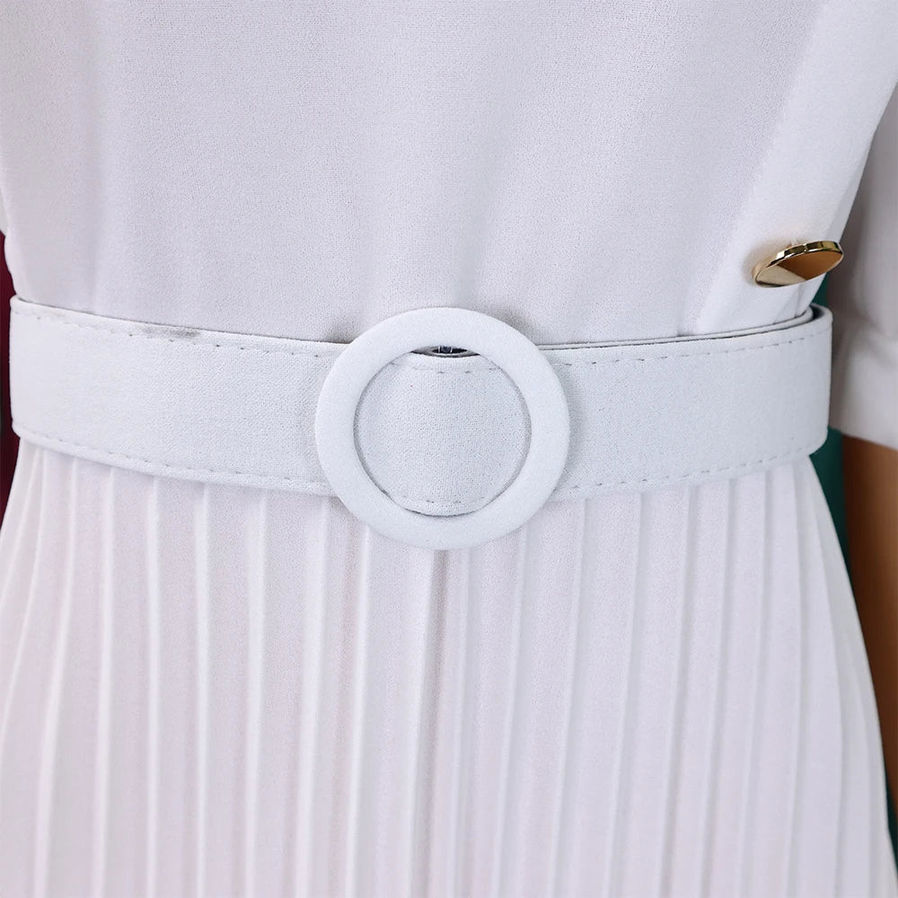 Elegant Office Pleated Dresses for Woman 2024 O Neck Buttons Belt Waisted Mid Calf Fashion Female Business Work Wear Dress Midi