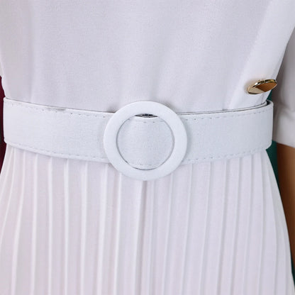Elegant Office Pleated Dresses for Woman 2024 O Neck Buttons Belt Waisted Mid Calf Fashion Female Business Work Wear Dress Midi