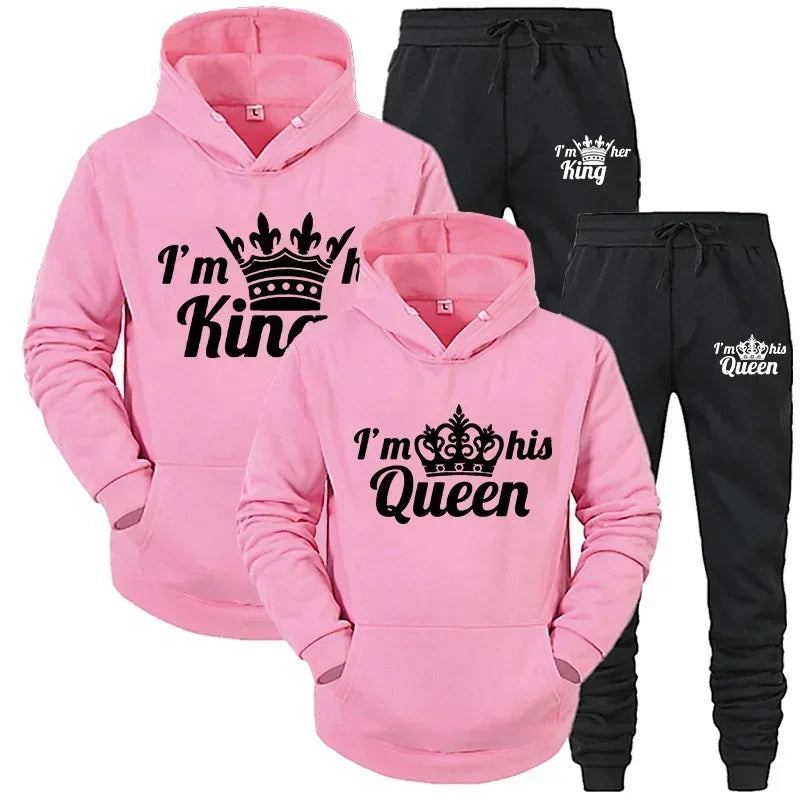 Lover Tracksuit Hoodies Printing QUEEN KING Couple Sweatshirt Hooded Clothes Hoodies Women 2 Piece Set Men Women Sportwear