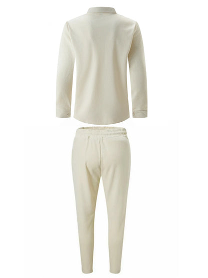 Spring and Autumn Men Waffle Solid Color Two-piece New Trend Lapel Long-sleeved Shirt and Trousers Casual Outdoor Sports Suit