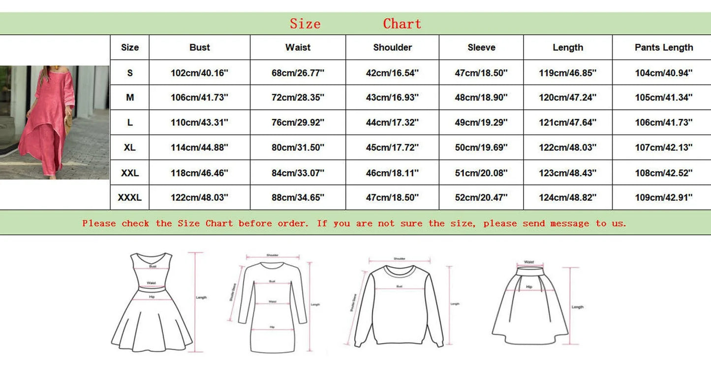 2pcs/Set Women Outfits Wide Leg Pants Cotton Linen Suit Irregular Hem Blouse Trousers Oversize Casual Round Neck Top Women 2024