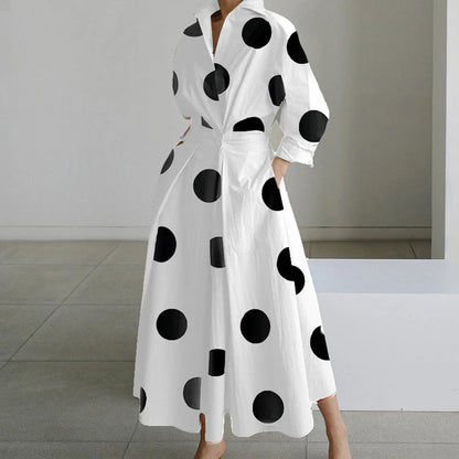 Fashion Dress Women Spring New Long Sleeve Turn-down Collar High Waist Print Button Elegant Big Hem Loose Commute Female Dress