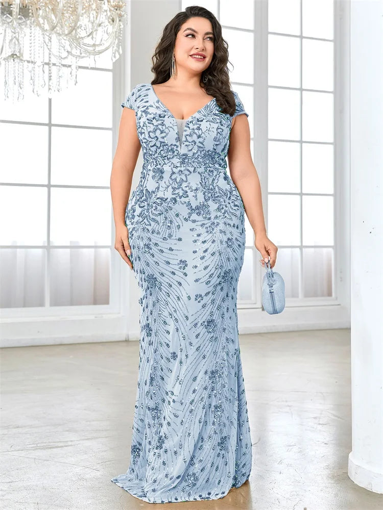 XUIBOL Plus Size  Elegant Sequin Evening Dress Long 2024 Women Mermaid Formal Deep V-neck Prom Luxury Wedding Party Dresses