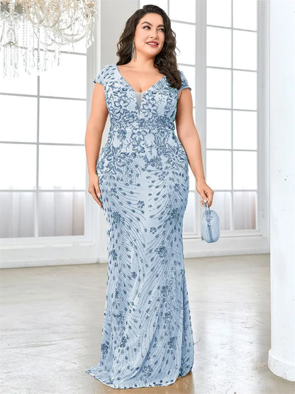 XUIBOL Plus Size  Elegant Sequin Evening Dress Long 2024 Women Mermaid Formal Deep V-neck Prom Luxury Wedding Party Dresses