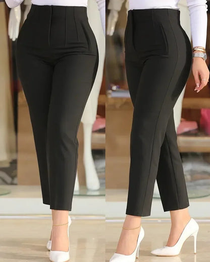 Elegant Pleated Waist Work Pants For Women White All-Match Daily OL Laides Fashion Office Formal Wear High Waisted Trousers