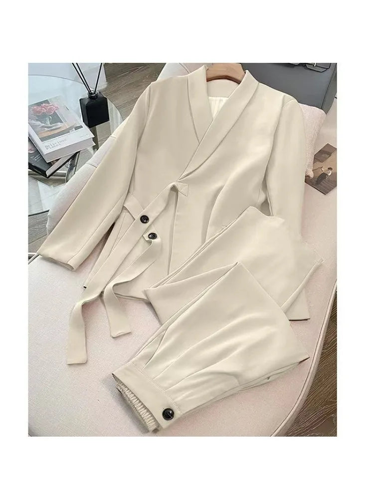 Women's Korean Fashion Long Sleeve Blazer And Wide Leg Pants Two-Piece Set Office Casual Loose Fit Spring Autumn Suits
