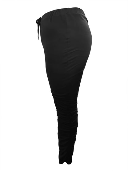 LW Plus Size Plain Pocket Sweatpants Mid Waist Drawstring Ruched Women Pants Stacked Trousers Sporty Casual Daily Bottoms