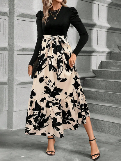 Spring and summer color combination high-waisted flower print dress woman elegant