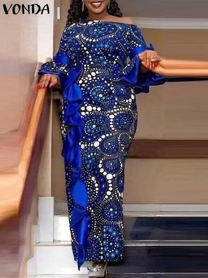 Plus Size 5XL VONDA Women One Off Sholuder Maxi Dress Bohemian Ruffled Printed Vestidos 2024 Fashion Casual Floor-Length Robe
