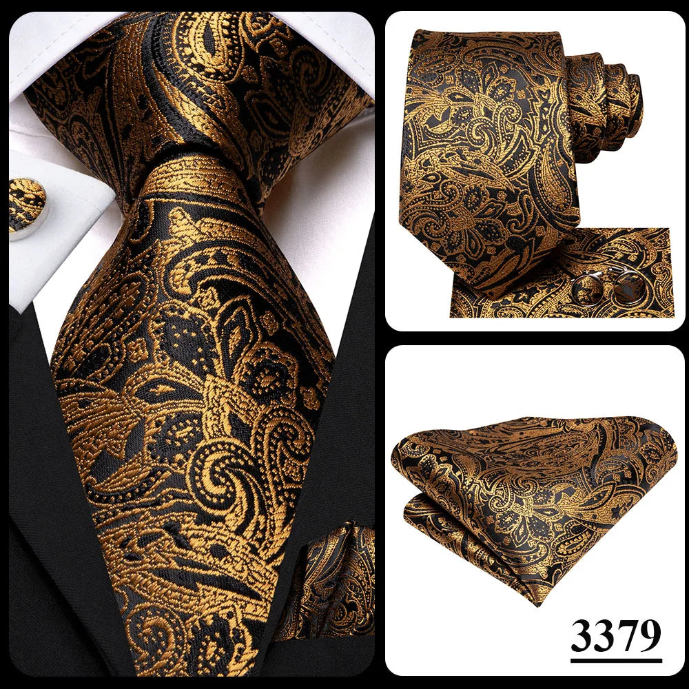 Hi-Tie Psialey Black Gold Silk Elegant Tie For Men Groom Wedding Men Necktie Pocket Square Cufflink Accessory Wholesale Designer