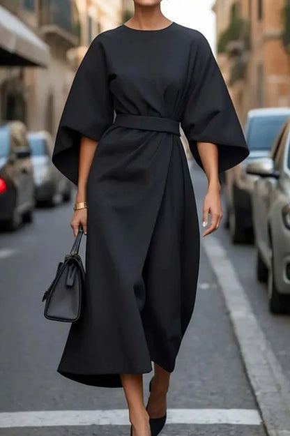 Spring Summer New Women's Fashion Style Elegant Solid Color Waist Dress Casual Bat Sleeve Long Dress Vestidos Para Mujer