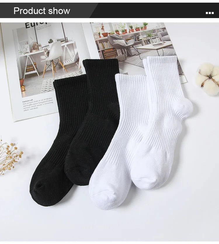 Mens Moisture Wicking Outdoor Hiking Work Cotton Socks Compression Cushion Crew Socks Leisure Men Black Socks 5 Pairs