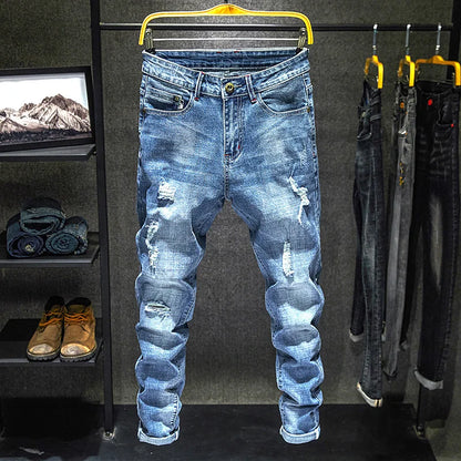 Men Stretch Slim Ripped Jeans Hip Hop Streetwear Korean Vintage Distressed Little Feet Pants Personality Male Trousers