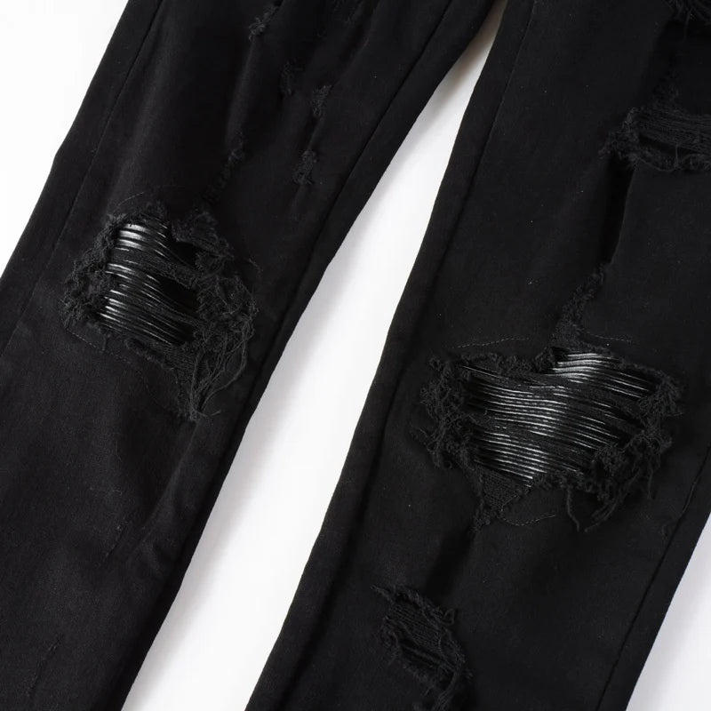 High street fashion new men's black jeans stretch slim fit retro washed leather patch jeans hip-hop brand designer pants Hombre