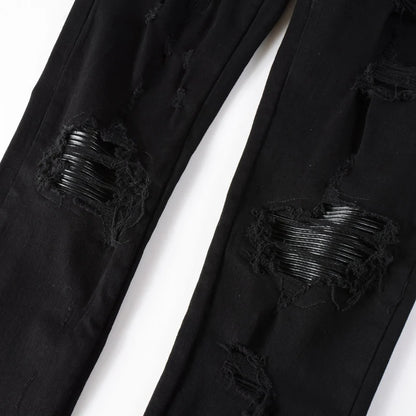 High street fashion new men's black jeans stretch slim fit retro washed leather patch jeans hip-hop brand designer pants Hombre