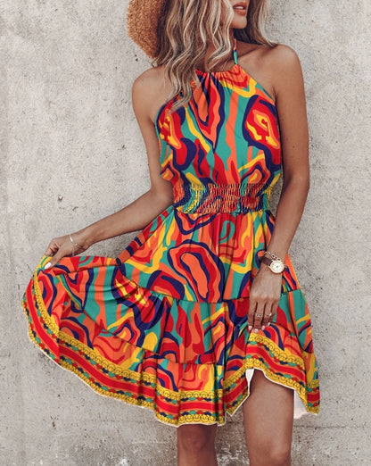 Elegant Floral Pleated H shaped Midi Dress Female V Neck Puff Sleeve Waist Ruched Button Dresses Women Summer Dress