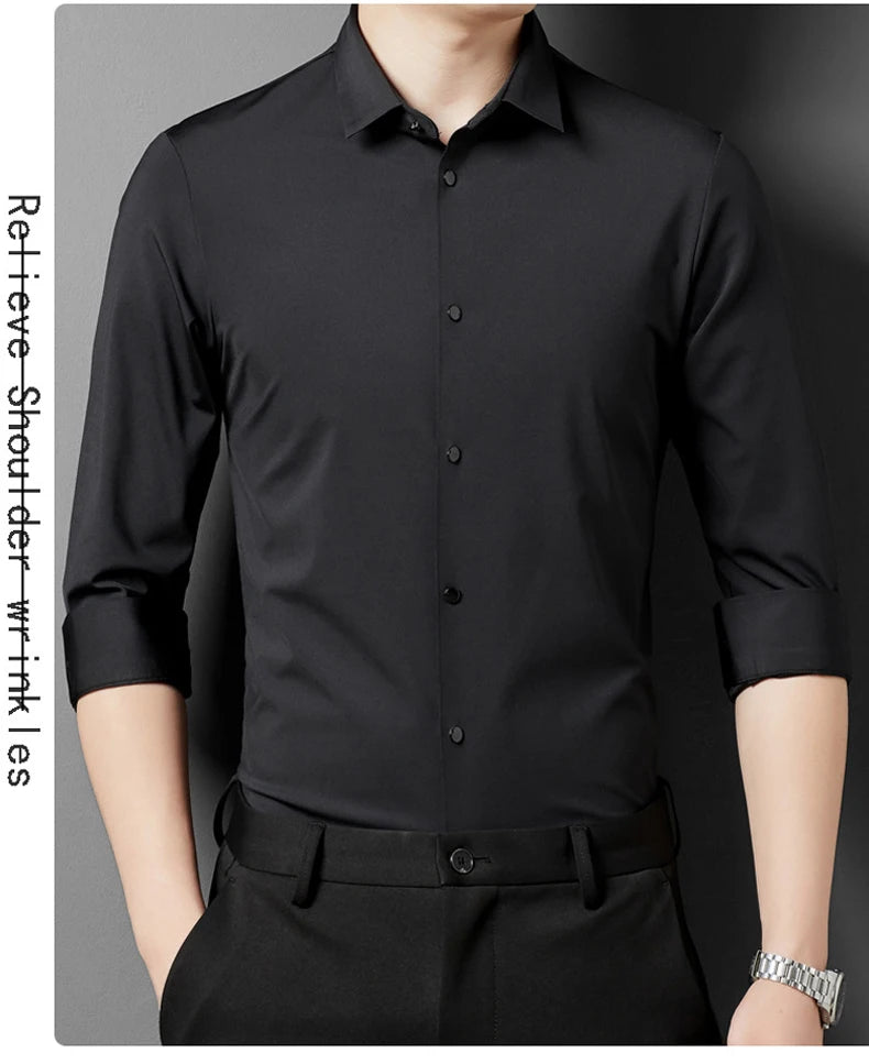 Men's High Quality Solid High Elasticity Seamless Comfortable Long Sleeve Shirts Slim Social Casual Business Formal Dress Shirt