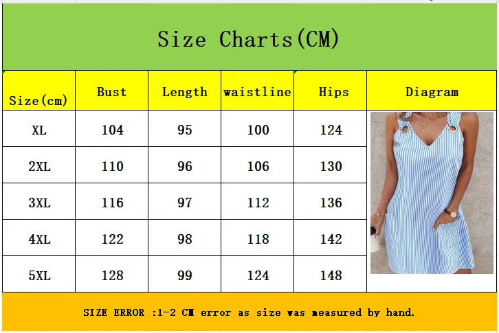 New blue and white striped sleeveless V-neck pocket plus size women's dress for summer