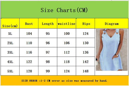 New blue and white striped sleeveless V-neck pocket plus size women's dress for summer