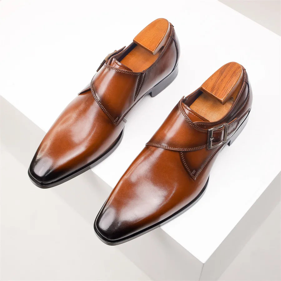 Newest Men's Cow Leather Shoes Buckle Pointed Dress Shoes Men Classic Business Formal Social Office Party Wedding Shoes