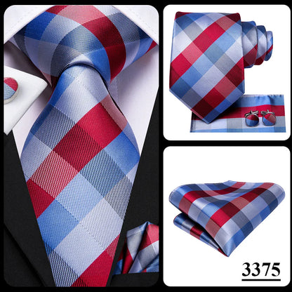 Hi-Tie Designer Silk Wedding Tie For Men Blue White Plaid Handky Cufflink Set Fashion Necktie For Men Business Party Wholesale