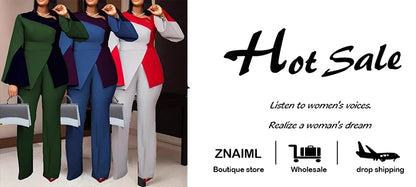 Znaiml Women's Fashion Patchwork Long Flare Sleeve Tops and Wide Leg Pants Blue Two 2 Piece Set Casual OL Work African Outfit