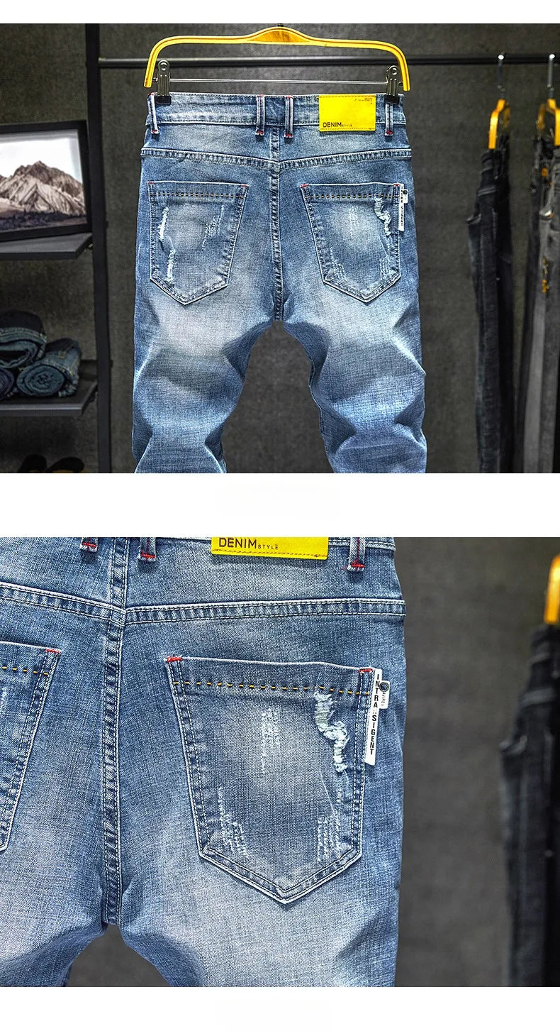 Men Stretch Slim Ripped Jeans Hip Hop Streetwear Korean Vintage Distressed Little Feet Pants Personality Male Trousers