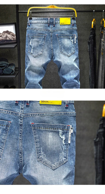 Men Stretch Slim Ripped Jeans Hip Hop Streetwear Korean Vintage Distressed Little Feet Pants Personality Male Trousers