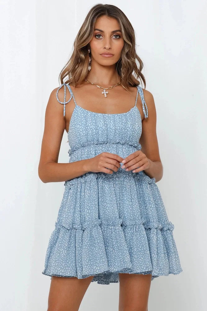 Spring Summer Print Floral Dress for Women Chiffon Strapless Sleeve Backless Ruffles Mini Dress Chic Lady Beach Vacation 2025 Fa