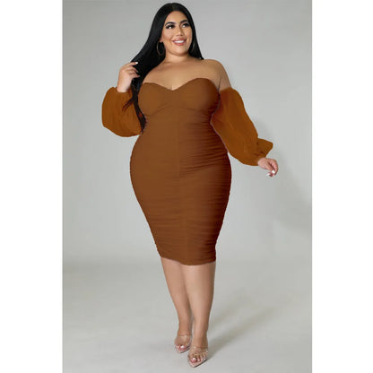 CM.YAYA Plus Size Women Mesh Patchwork Off Shoulder Ruched Bodycon Midi Dress evening Winter 2022 Sexy Party Club Prom Dresses