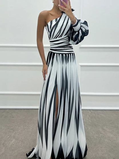 Spring Summer One Off Shoulder Fashion Party Dress, Women Printing Skew Collar Slim Maxi Dress, Long Sleeve Elegant Ladies Dress