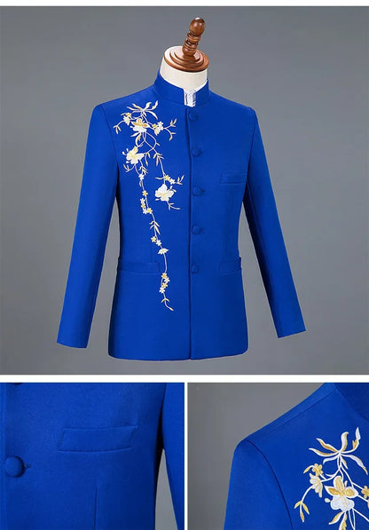 New Men Stand Collar Embroidery Suit 2 Piece Black / White / Red Fashion Male Stage Party Perform Blazer and Trousers