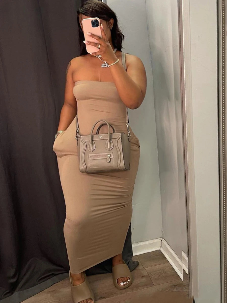 LW Plus Size dresses Off The Shoulder Pocket Design Dress summer sleeveless sexy dress vestido Fashion Elegant maxi dresses