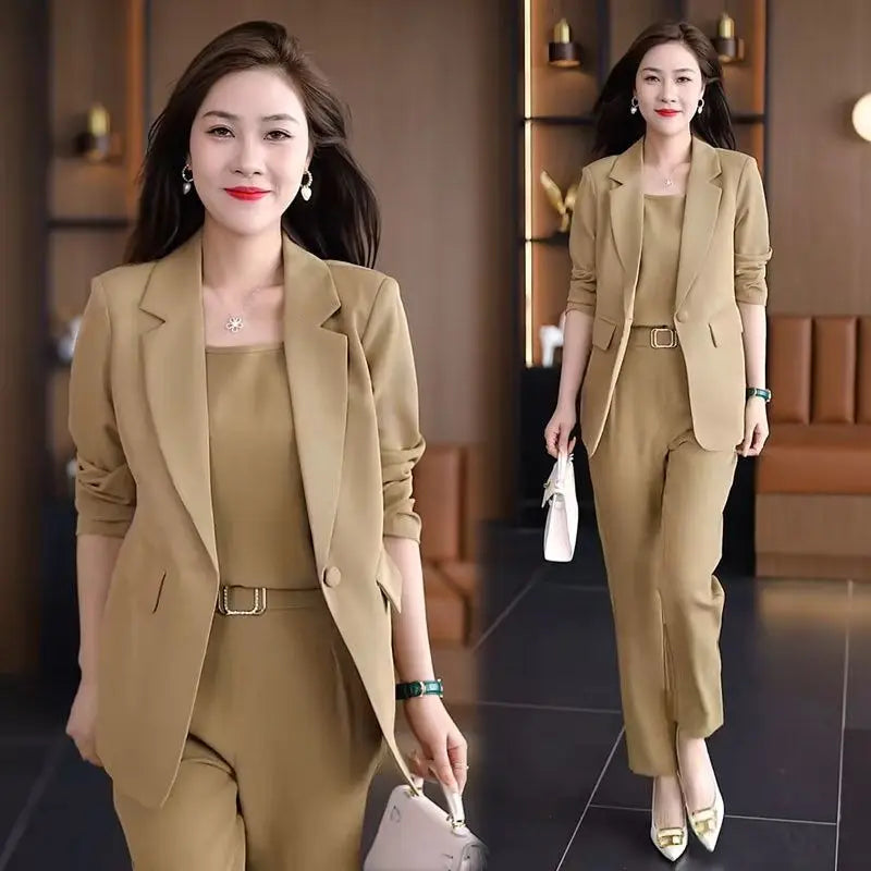 Women's 2026 Spring Autumn New Fashion Professional Suit Korean Elegant Casual Blazers Jacket+suspender+pants Three Piece Suits