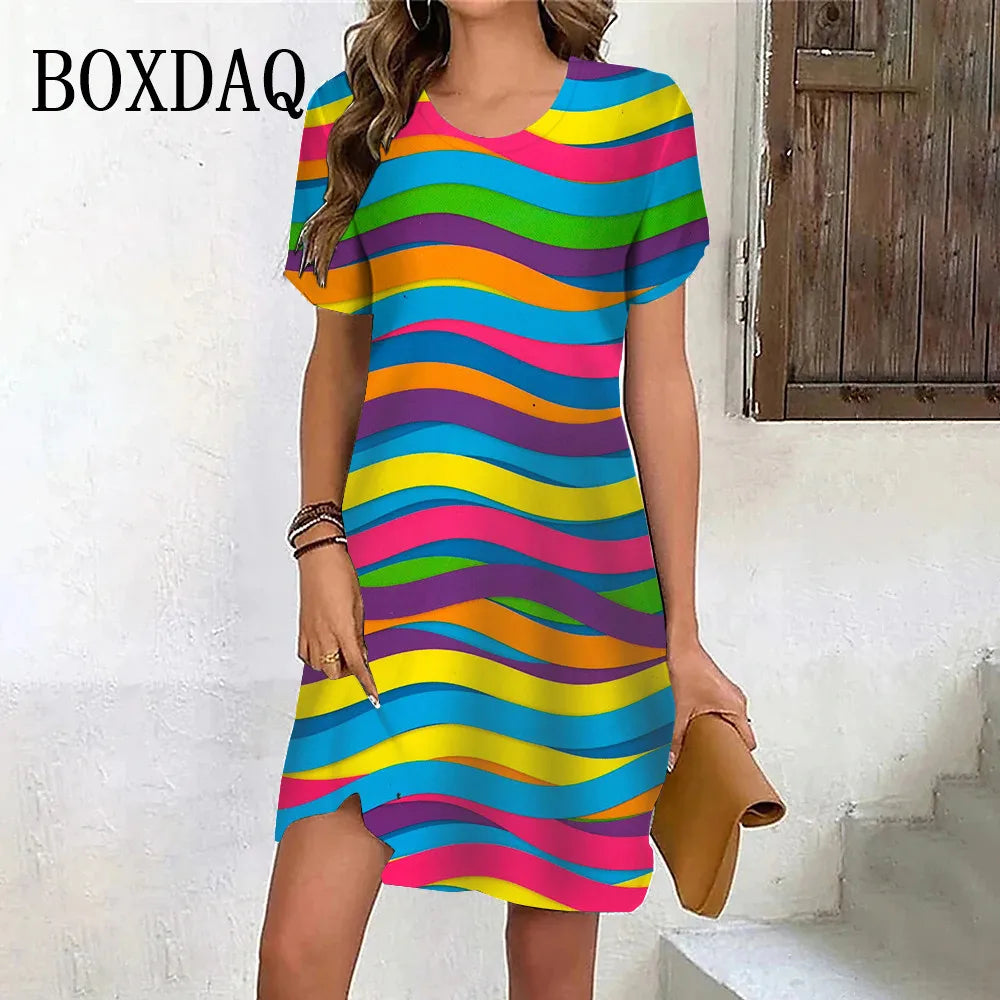 New Summer Fashion Gradient Rainbow Stripe Short Sleeve Dresses For Women 2024 Plus Size Casual O-Neck Print Loose Party Clothes