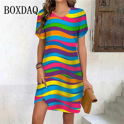 New Summer Fashion Gradient Rainbow Stripe Short Sleeve Dresses For Women 2024 Plus Size Casual O-Neck Print Loose Party Clothes