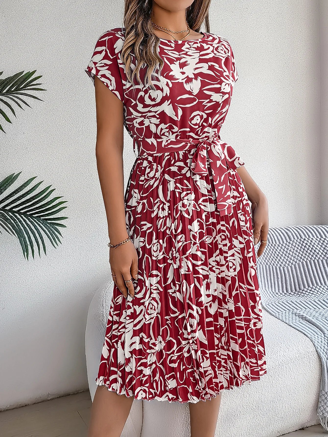 Spring Summer Elegant Flower Print Dress Short Sleeve Folded Dresses for Women Mother's Day