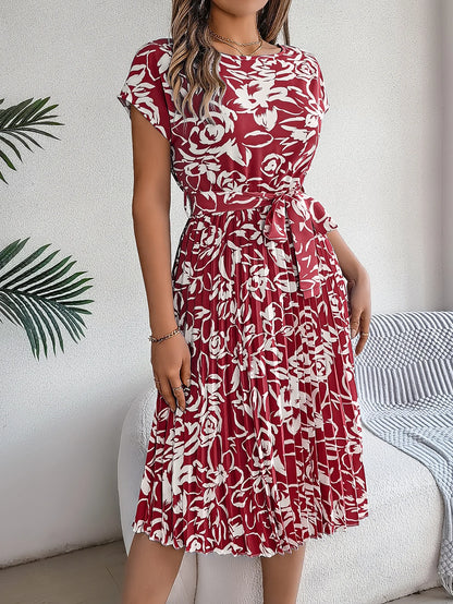 Spring Summer Elegant Flower Print Dress Short Sleeve Folded Dresses for Women Mother's Day