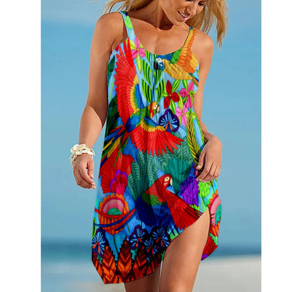 Sunflower Parrot Print Strap Mini Beach Dress Women Boho Summer Sexy Floral Dress Sleeveless Party Evening Dresses Hem Camisole
