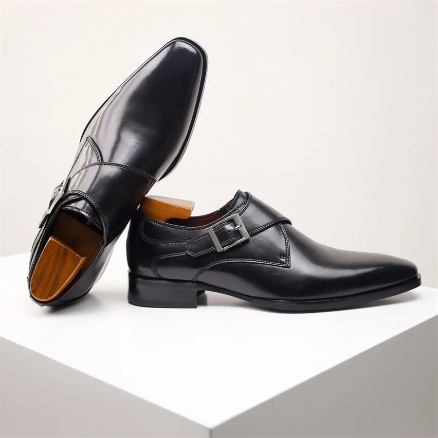 Newest Men's Cow Leather Shoes Buckle Pointed Dress Shoes Men Classic Business Formal Social Office Party Wedding Shoes