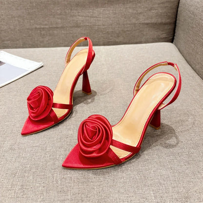 Liyke Summer Fashion Silk Rose Flowers Pointed Open Toe Back Strap Sandals Women Red High Heels Wedding Prom Shoes Zapatos Mujer