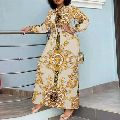 VONDA Maxi Dress 2024 Summer Women Bohemian Printed Party Sundress Long Sleeve Stand Collar Casual Robe Holiday Vestidos Belted