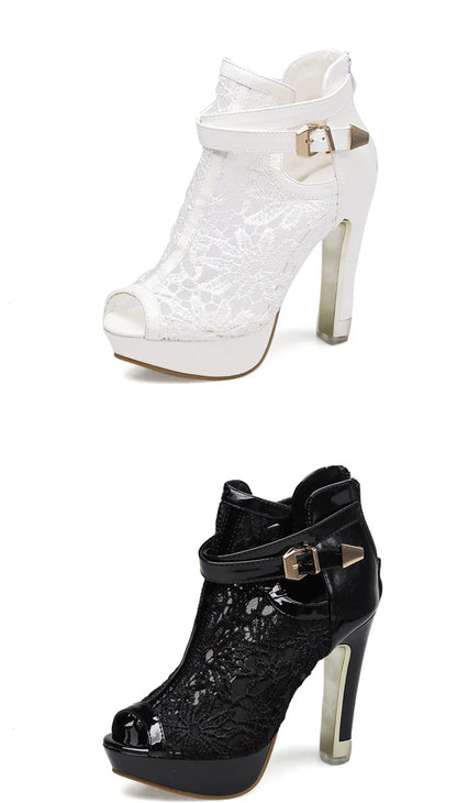 Hlieny Autumn Sexy Mesh Fabric Platform High Heels Boots Sandals Women Peep Toe Nightclub Party Stiletto Female Shoes