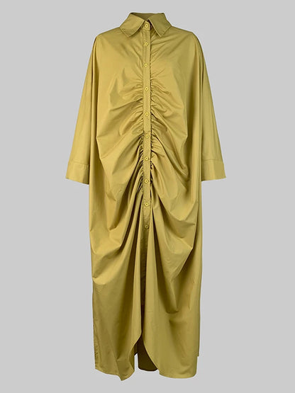 Freeacy Women's Personalized Dresses 2025 Spring Fashion Solid Color Pleated Shirt Dress Long Sleeves Loose Fit Party Dress