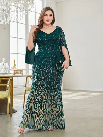 Plus Size Elegant Sequin Black Evening Dress 2025 Women Formal Maxi Prom Long Sleeves Party Luxury Cocktail Bridesmaid Gowns