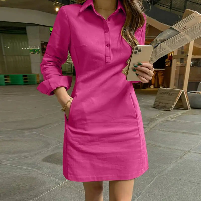 2024 VONDA Summer Women Shirt Dress Elegant Long Sleeve Solid Color Mini Sundress Casual Loose Buttons Pockets Short Vestidos