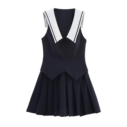 Women's Dresses New Summer 2025 Sailor Suit Style Wide Pleated Cropped Dress Fashionable Color-Blocking Sexy Cute Personality