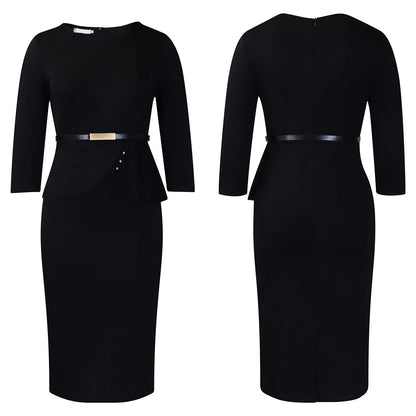 L-3XL Plus Size Elegant Midi Dress 2025 Spring Summer Women Office Lady Dress Casual 3/4 Sleeve Bandage Robe Oversize Dress