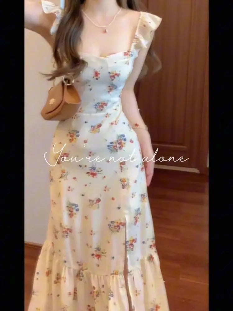 Women Summer Fashion Floral Print Ruffle Sweet Elegant Party Dresses Sexy Split Square Neck Sleeveless Slim Midi Dress Vestidos