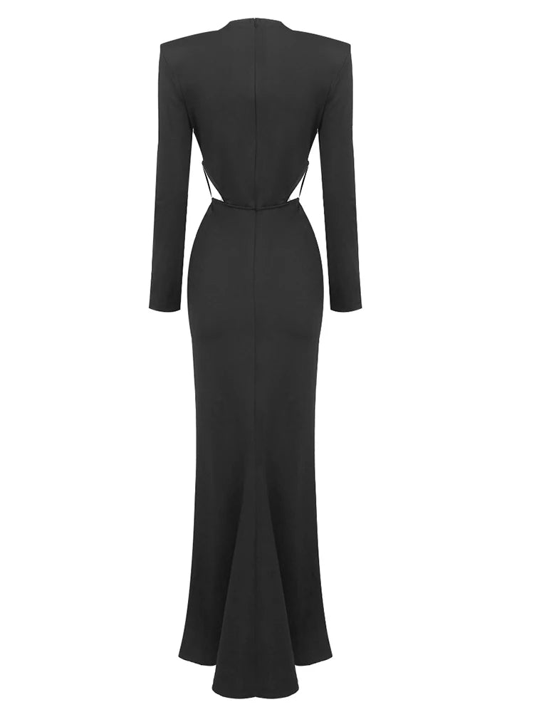 Sexy Long Sleeve V Neck Hollow Out Long Dress Women White/Black Cross Pleated High Split Maxi Dresses Elegant Party Evening Gown